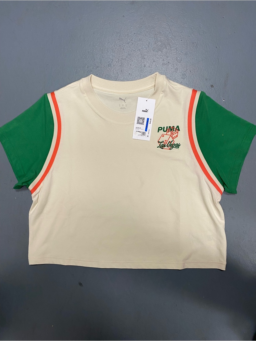 Puma Cream Crop Tee with Green Sleeves and Orange Trim